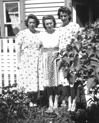 151: l-r Gert Reddy, Mollie McCarthy, and Jean Reddy, by McCarthy's lilac bush.  (circa 1938-1940) [courtesy of Mollie McCarthy]  - Gert and Jean daughters of Michael Reddy &amp;amp; Elizabeth Dunphy; Mollie daughter  of James McCarthy &amp;amp; Julia Reddy
